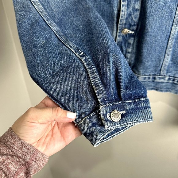 Vintage Ivy Crew Unisex Denim Jacket Size L Brown Leather Collar 90s Y2K Jean - Picture 6 of 10